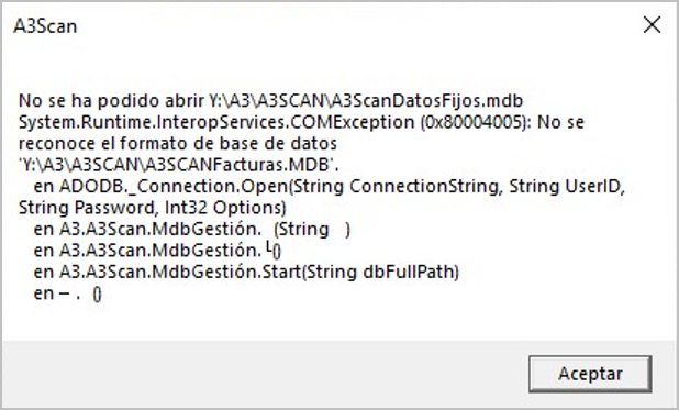Error en A3SCANFacturas.mdb al acceder a a3asesor Scan